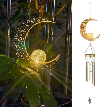 Moon Solar Wind Chimes for Outside Lights Gifts for Mom Wife Unique Crackle Glass LED Warm Light Outdoor Hanging Decor Windchimes for Garden Yard Patio Christmas Birthday Mothers Day
