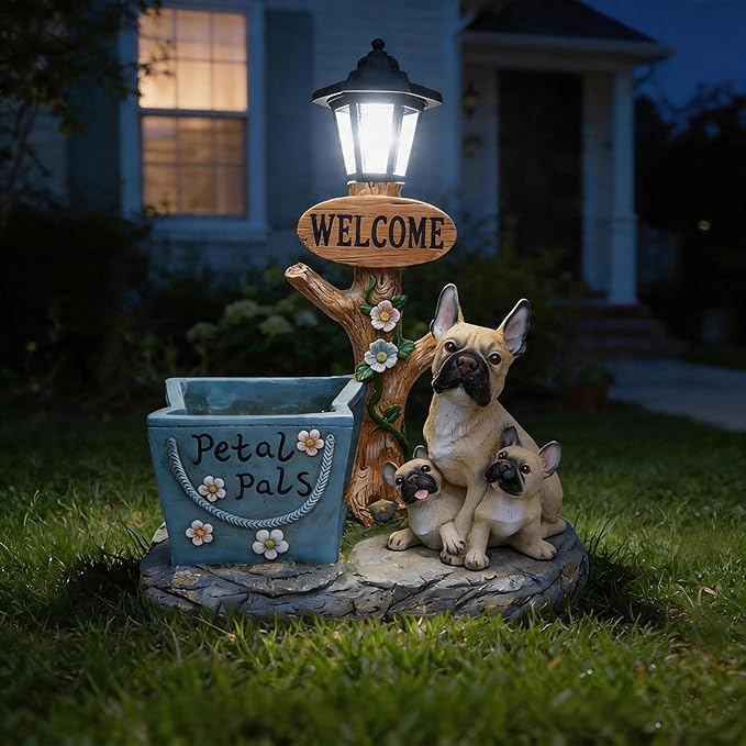 Solar Garden Statue with Planter & Solar Lantern, Outdoor Resin Animal Sculpture, Waterproof Yard Lawn Decor Pot for Succulents, Front Porch Ornament Housewarming Gift (French Bulldog)