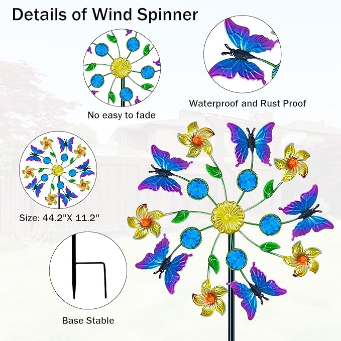 44" Butterfly Gem Wind Spinners Garden Stake, Flower Butterfly Wind Sculpture Yard Art Decorations for Lawn,Patio&Yard & Garden Decor, Metal Whirligigs Wind Spinners Outdoor