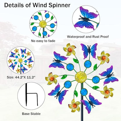 44" Butterfly Gem Wind Spinners Garden Stake, Flower Butterfly Wind Sculpture Yard Art Decorations for Lawn,Patio&Yard & Garden Decor, Metal Whirligigs Wind Spinners Outdoor