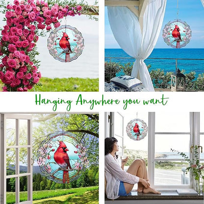 3D Cardinal Wind Spinner 3D Bird Spinners with Flower for Yard and Garden 3D Stainless Steel Cardinal Spinner with Unique Visual Effect Perfect Garden Decoration and Gift 10Inch