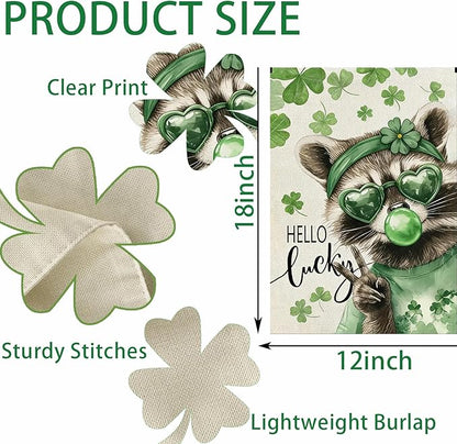 St. Patrick's Day Garden Flag, 12x18 Double Sided Raccoon Lucky Shamrock Garden Flags for Outside, St. Patrick's Day Decorations, Spring Seasonal Flags, Green Luck Clover Yard Flag for Outside Decor