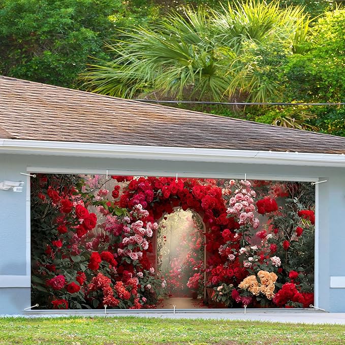 16x7ft Pink White Floral Arch Garage Door Banner - Blossom Tunnel Backdrop, Large Hanging 2 cars Garage Decorations - for Wedding & Baby Shower Welcome Background Sign, Spring Party Decor