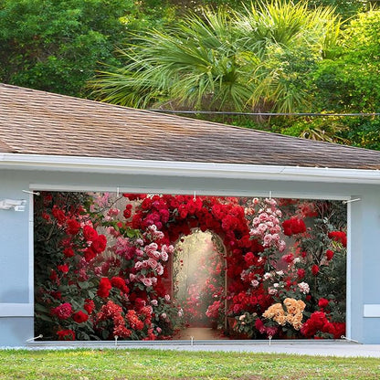 16x7ft Pink White Floral Arch Garage Door Banner - Blossom Tunnel Backdrop, Large Hanging 2 cars Garage Decorations - for Wedding & Baby Shower Welcome Background Sign, Spring Party Decor