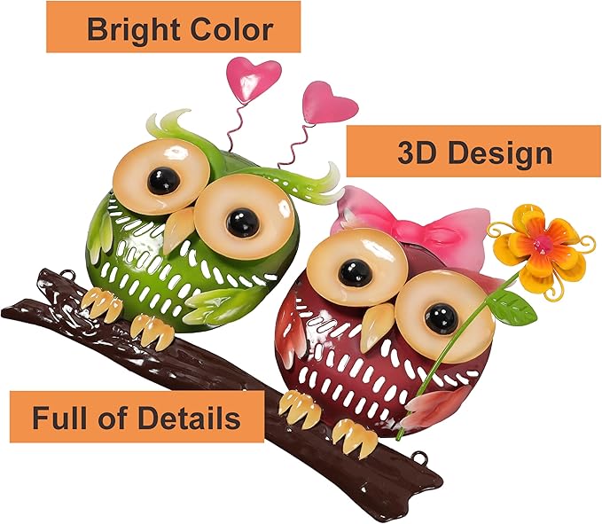 Metal Owl Couple Garden Stakes, Hand Painted 3D Yard Art, Colorful Outdoor Lawn Ornaments Sculpture Decor, Gift for Family and Couple (Small)