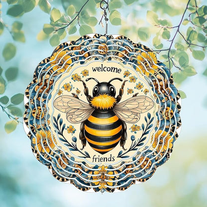 Bee Wind Spinners Outdoor, Hanging Wind Spinner for Garden Decoration, 8 inch 3D Stainless Steel Metal Wind Sculpture for Indoor/Outdoor Decor