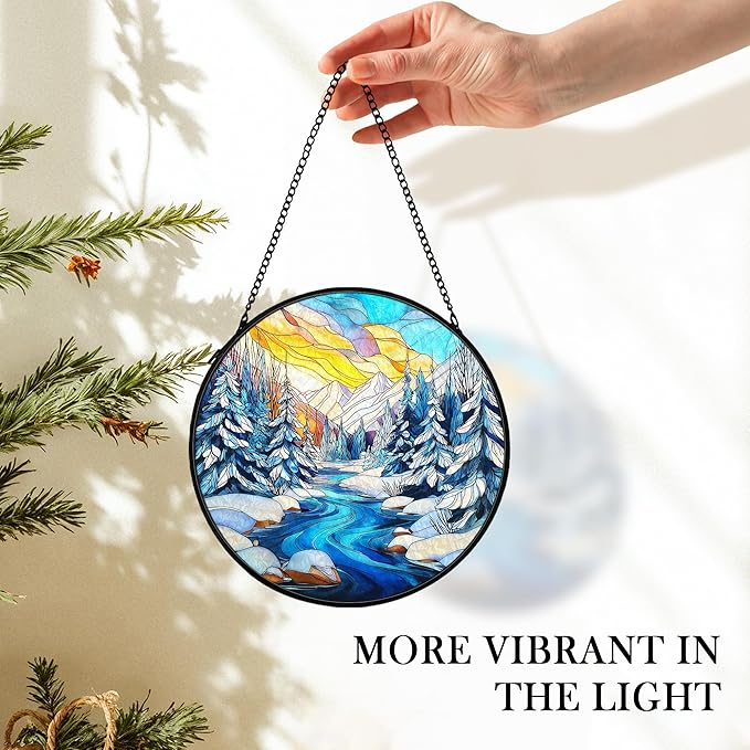 Winter Wonderland Christmas Suncatcher Stained Glass Window Hanging Decorstions, Landscape Stained Glass Wall Decor, Winter Solstice Gifts, Forest Garden Sun Catchers Window Art, 7.9x7.9 Inch