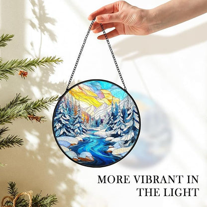 Winter Wonderland Christmas Suncatcher Stained Glass Window Hanging Decorstions, Landscape Stained Glass Wall Decor, Winter Solstice Gifts, Forest Garden Sun Catchers Window Art, 7.9x7.9 Inch