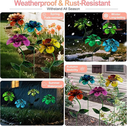 Glow-in-Dark Metal Flowers for Outside, 4 Pack Garden Stakes Waterproof, Angela Roses Yard Art, Decorative Garden Stakes for Lawn, Planters, Porch and Pathway