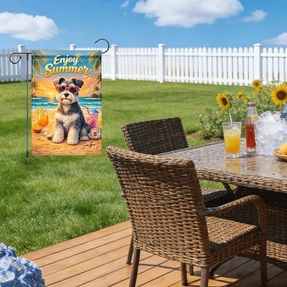 Nuxovilar Summer Garden Flag Enjoy Summer Dog Heart Glasses Sunset Pattern Polyester 12x18 Inches Garden Flags for Outside Seaside Decor Yard Porch