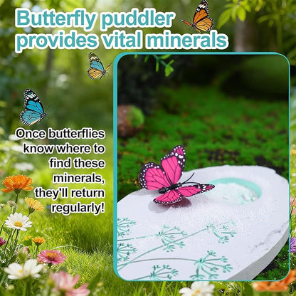 AceOrbit Butterfly Puddler Garden Stone Butterfly Bath Watering Feeder Station Attracts Pollinator Butterflies with Water & Mineral Holder for Garden Lawn Decor