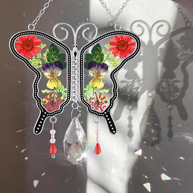 KY&BOSAM Suncatcher Butterfly Stained Glass Crystal Butterfly Suncatchers Ornament hangings for Windows Wind Chime with Pressed Flower Butterfly Embedded in Glass Mother`s Day Birthdays