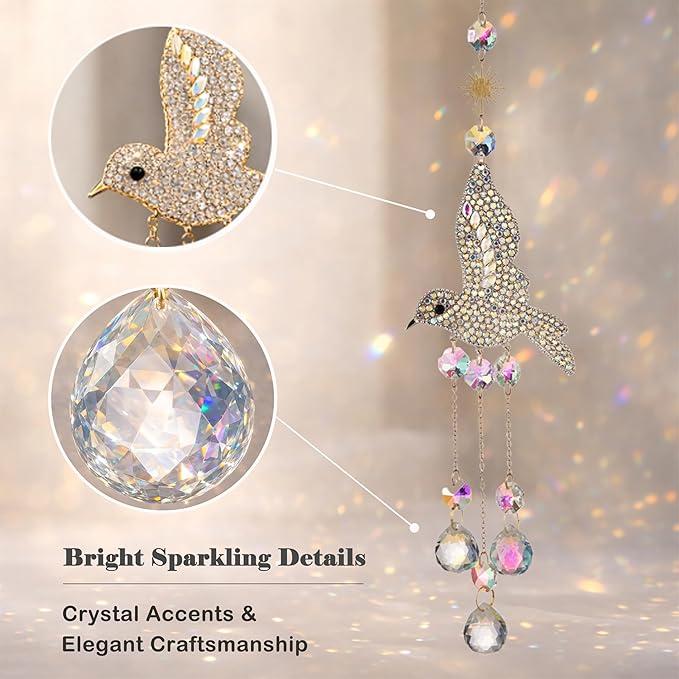 Hummingbird Crystal Suncatcher for Window Hanging, Rainbow Maker Prism Ornament with Hook, Sparkling Sun Catcher Decor for Home, Patio, Garden, Bird Lover Gift (Crystal Ball)