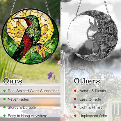 Stained Glass Window Hanging - 4 Pack Sun Catcher Set Featuring Bee, Butterfly, Hummingbird & Mantis - Vibrant Home Decor Garden Decor - Suncatchers Gifts for Women, Mom & Nature Lovers, 6.3 Inch