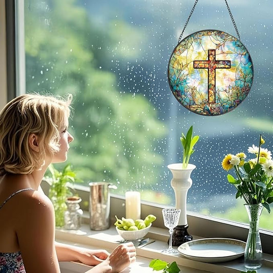 Stained Glass Cross Sun Catcher - 8'' Handcrafted Suncatcher for Window Home Decor, Symbolizing Faith, Hope, and Light, Perfect for Spiritual Spaces, Weddings, and Religious Celebrations (C)
