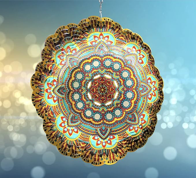 HS's Creation Hanging Wind Spinner 19 Guage 3D Metal 12 Inch for Garden Patio Outdoor Indoor Lawn Decoration Ornaments Gifts with Swivel Hooks Gift Weather Resistant Lucky Flower Gold Wind Spinners