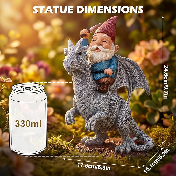 EXYGLO Gnome Garden Decor Statue, 9.7" Gnome Riding Dragon Outdoor Funny Decoration for Lawn, Patio, Yard, and Unique Housewarming, Birthday Ornament Gift for Boys, Friend, Family