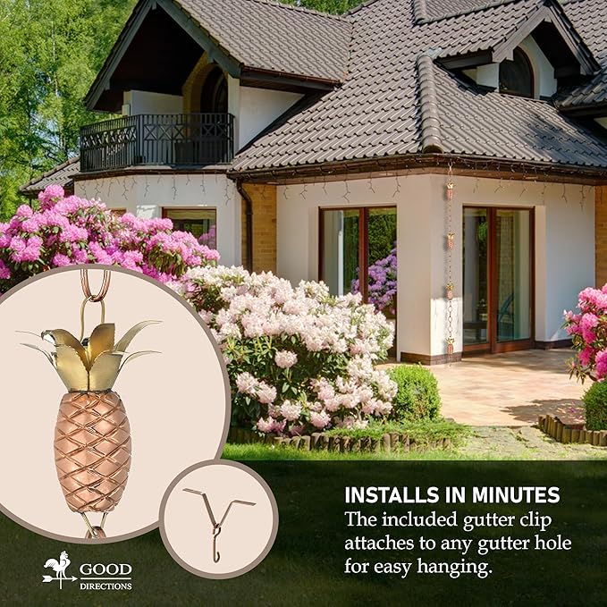 Good Directions 100% Pure Copper Pineapple Rain Chain, 8-1/2 Feet Long, Artistically Designed, Replaces Gutter Downspout