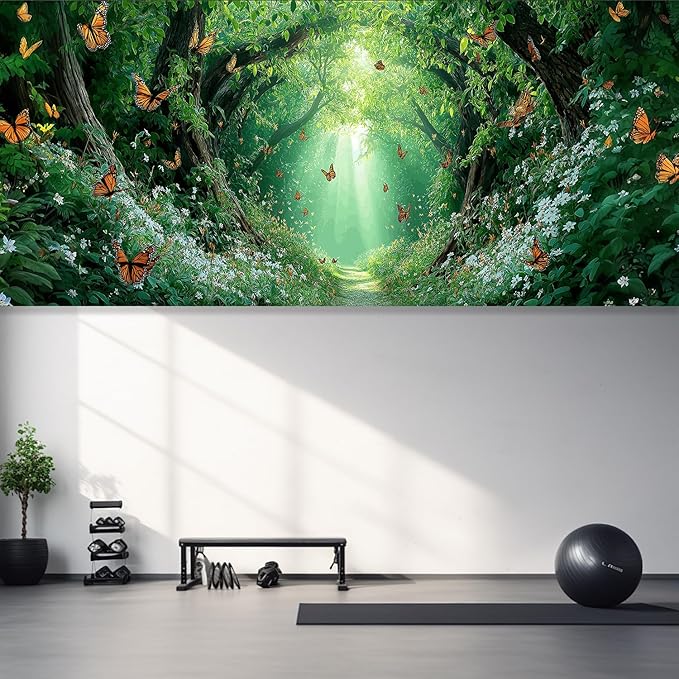 13x6 ft Enchanted Forest Path Garage Door Banner - Sunlit Tree Tunnel with Butterflies & Light Rays Backdrop, Hanging Nature Decor for Garden or Patio, Serene Outdoor Wall Art