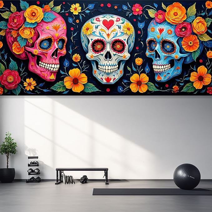 13x6 ft Sugar Skull and Marigolds Garage Door Banner - Mexican Day of the Dead Floral Skull Backdrop, Hanging Garage Decor - for Halloween Dia de los Muertos Party, Cultural Wall Art