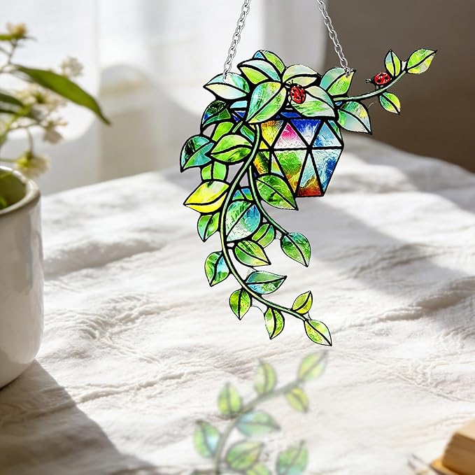 Plant Suncatcher Glass, Stained Glass Suncatcher Plant Window Hanging, Unique Nature Lover Gifts Leaf Idea