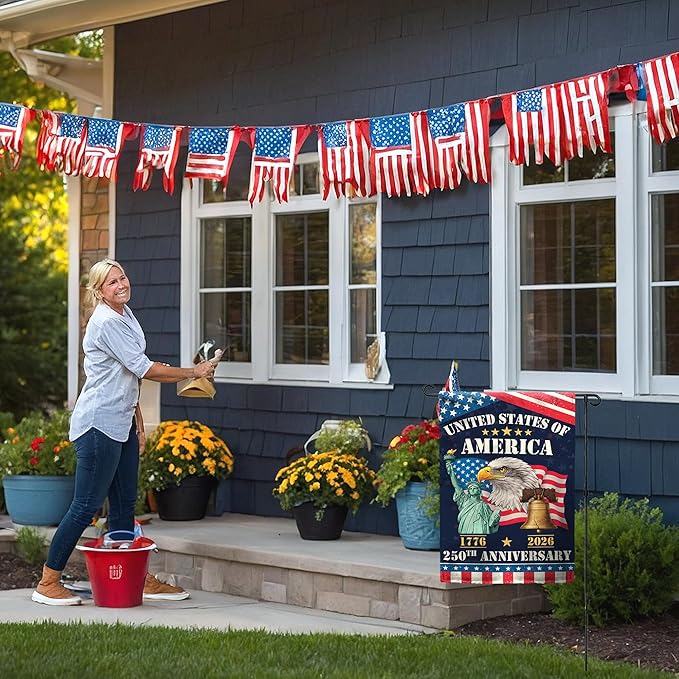 250th Anniversary America USA Garden Flag for Outside, Eagle Liberty Bell Statue of Liberty 1776-2026 Patriotic Double-Sided Waterproof Yard Flag 12x18 Inch for 4th of July Memorial Day Decor