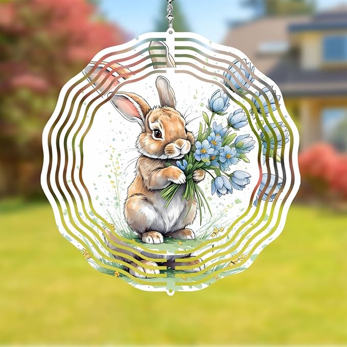 Easter Bunny Wind Spinner Easter Day Gifts 3D Metal Kinetic Hanging Wind Sculpture Spinners for Yard and Garden Indoor Outdoor Window Easter Rabbit Yard Art Garden Decoration 8 Inch (Bunny 8)