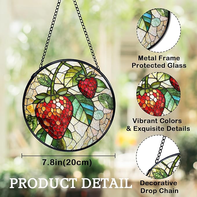 Strawberry Suncatchers Stained Glass Window Hanging, Summer Fruit Sun Catchers Indoor Window Glass Round Wall Decor, Strawberry Wall Hanging Decorations, Fruit Kitchen Decor, 7.9x7.9in