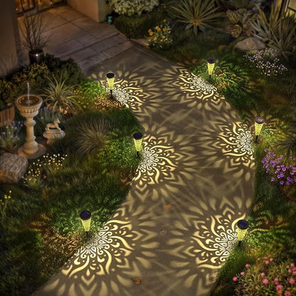 gardencave 6 Pack Solar Lights Outdoor Garden Decorative Mandala Solar Garden Lights with Warm Light Waterproof Solar Pathway Landscape Lights for Path Patio Backyard Walkway Yard Lawn Decor (Black)