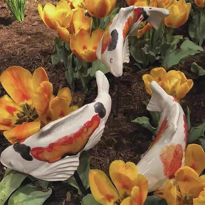 Koi Fish Decor Garden: 3 Pcs Resin Koi Fish Sculpture, Garden Fishes Statue with Stake, for Outdoors, Patio, Yard, Lawn, Pond and Home Decoration (Green)