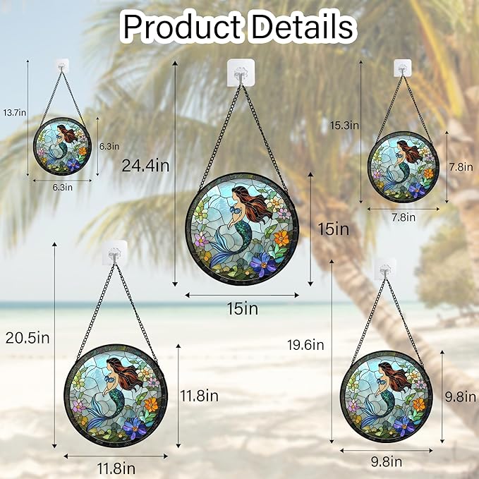 Stained Glass Window Hanging - Light Blue Mermaid Suncatcher for Door Terrace Garden Home Decor, Ocean Flowers Sun Catcher Birthday Gifts for Lovers Women Men Dad Mom Nana 6.3 in