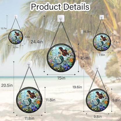 Stained Glass Window Hanging - Light Blue Mermaid Suncatcher for Door Terrace Garden Home Decor, Ocean Flowers Sun Catcher Birthday Gifts for Lovers Women Men Dad Mom Nana 6.3 in