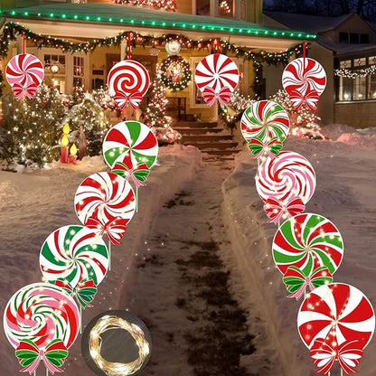 24 PCS Christmas Outdoor Yard Signs Candy Decorations Outdoor Peppermint LED lights Xmas Yard Stakes Hanging Ornaments Holiday Garden Sign