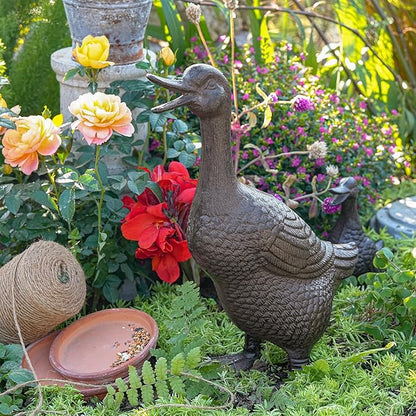 Sungmor Vintage Cast Iron Duck Garden Statue - 15.7" Tall Heavy Duty Outdoor Mother Duck Figurine, Rustic Animal Sculpture for Lawn, Patio, Yard - Antique Brown Finish, Farmhouse Home Decoration