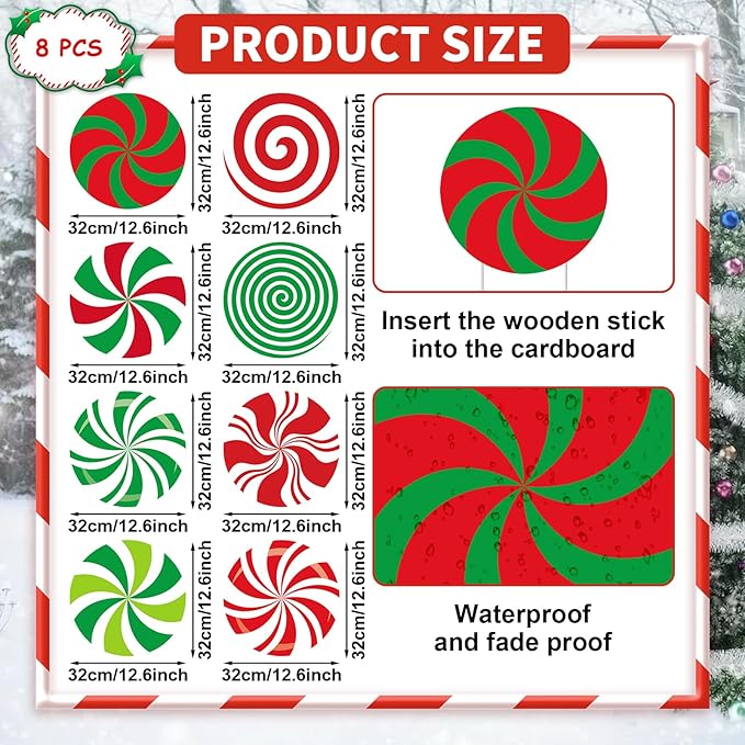 8-Piece Christmas Candy Yard Signs with Stakes Decorations – 8 Assorted Peppermint and Lollipop Designs 12.6 x 12.6 Inches Large Round Candy Signs for Outdoor Garden and Lawn Holiday Party Favor