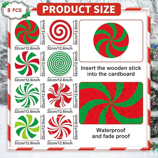 8-Piece Christmas Candy Yard Signs with Stakes Decorations – 8 Assorted Peppermint and Lollipop Designs 12.6 x 12.6 Inches Large Round Candy Signs for Outdoor Garden and Lawn Holiday Party Favor