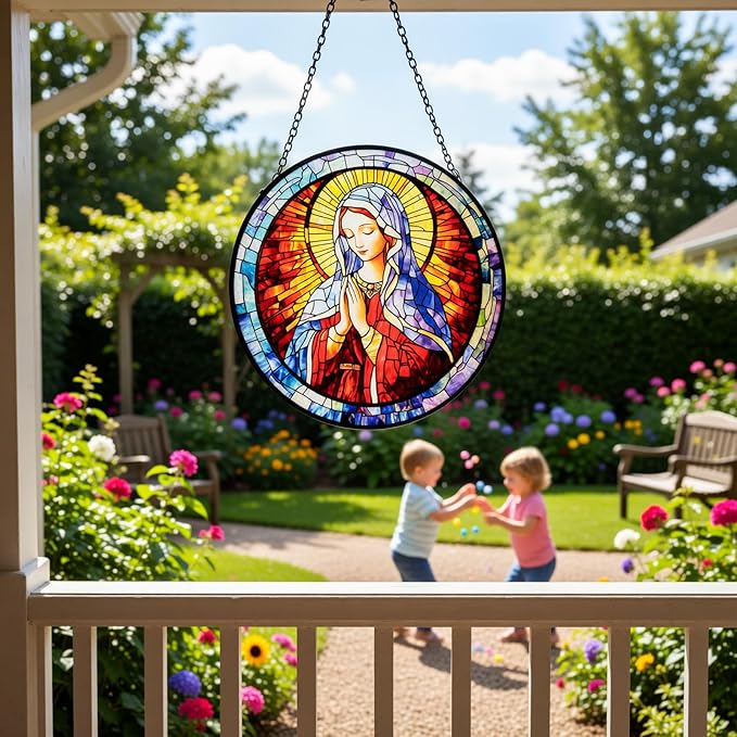 Stained Glass Window Hanging - Virgin Mary Suncatcher, The Holy Mother Mary Sun Catchers Decor for Window Hanging, Catholic Gifts for Christian Women Men Mom Wife Religious Faith 7.8in
