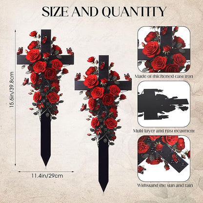 Frienda 2 Sets Cemetery Flowers Grave Stake Metal Floral Decor for Tombstone, Outdoor Gravesite Markers for Mom Dad, Memorial Day Spring Easter Grave Decor(Cross,Red)