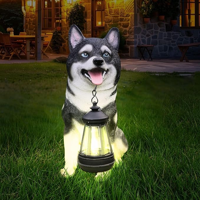 Outdoor Akita Inu Dog Statue with Interchangeable Welcome Sign and Detachable Solar Lantern –LED Light Garden Dog Sculpture Décor, Cute Puppy Design for Yard, Porch, Gift