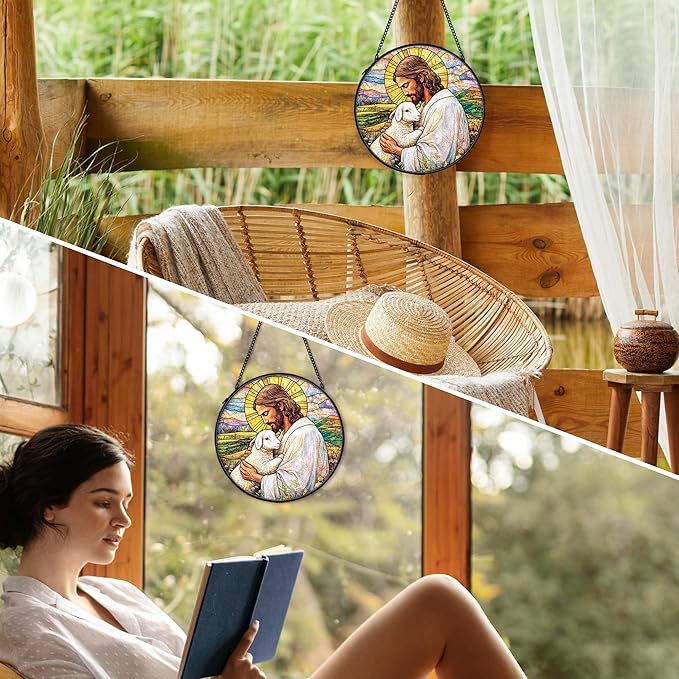 Christian Easter Jesus Lamb Suncatcher Stained Glass Window Hanging Wall Decor, Christian Easter Gifts for Women, the Lord is My Shepherd Sun Catchers Garden Lawn Window Hanging Art, 7.9x7.9In