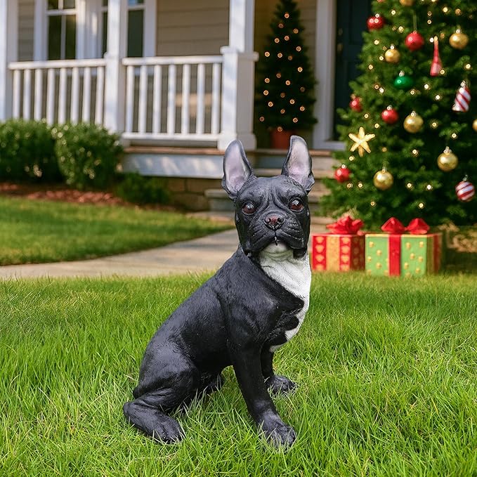 Black French Bulldog Garden Statue with Solar Lantern & Double-Sided Sign, 13.8" Resin Frenchie Dog Figurine Outdoor Decor, Waterproof Lawn Ornament Welcome Yard Art for Patio, Porch, Gifts