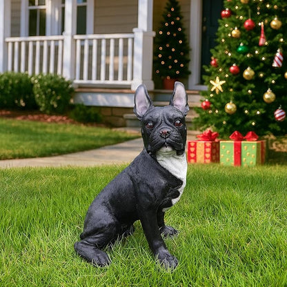Black French Bulldog Garden Statue with Solar Lantern & Double-Sided Sign, 13.8" Resin Frenchie Dog Figurine Outdoor Decor, Waterproof Lawn Ornament Welcome Yard Art for Patio, Porch, Gifts