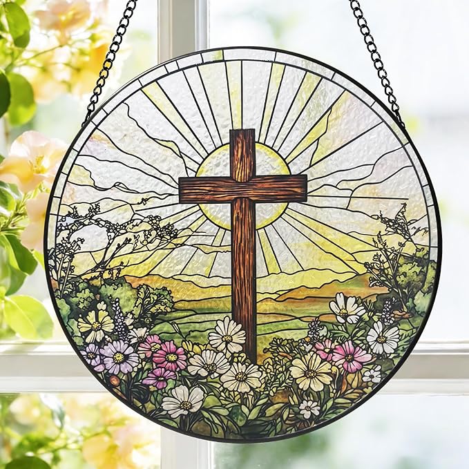 Stained Glass Window Hanging, 8 Inch Cross Wildflowers Suncatcher, Christian Sun Catchers Indoor Window, Floral Cross Religious Home Garden Decor Glass Panel, Easter Faith Christian Gifts for Women