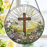 Stained Glass Window Hanging, 8 Inch Cross Wildflowers Suncatcher, Christian Sun Catchers Indoor Window, Floral Cross Religious Home Garden Decor Glass Panel, Easter Faith Christian Gifts for Women