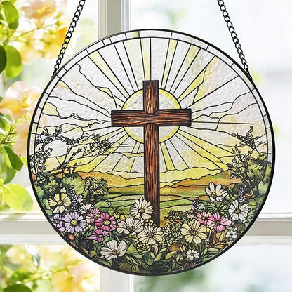 Stained Glass Window Hanging, 8 Inch Cross Wildflowers Suncatcher, Christian Sun Catchers Indoor Window, Floral Cross Religious Home Garden Decor Glass Panel, Easter Faith Christian Gifts for Women