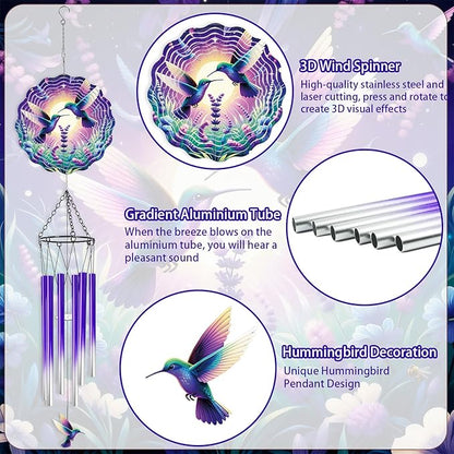 Hummingbird Wind Chimes for Outside - Hummingbird Wind Chimes with 3D Wind Spinners for Bird Lover, Hanging Art Ornament for Indoors Room Home Wall Garden Patio Yard Porch Backyard, Memorial Gifts