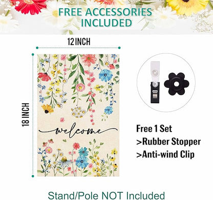 Baccessor Spring Welcome Floral Garden Flag 12.5x18 Inch Double Sided Summer Flower Yard Flag Outside Outdoor Seasonal Burlap Funny Flowers Flags Home Patio Decoration