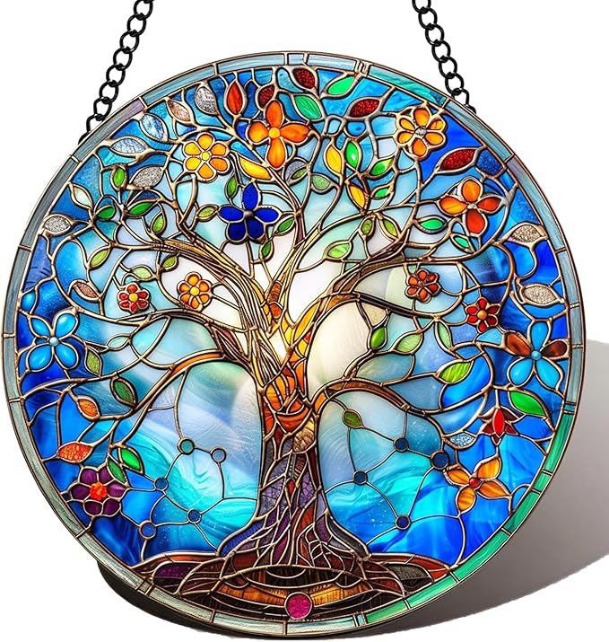 Stained Glass Window Hanging Tree of Life Suncatcher 8 Inch, Indoor Outdoor Wall Art Home Decor, Sun Catchers, Birthday Holiday Gift for Women Men