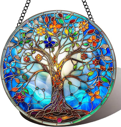 Stained Glass Window Hanging Tree of Life Suncatcher 8 Inch, Indoor Outdoor Wall Art Home Decor, Sun Catchers, Birthday Holiday Gift for Women Men