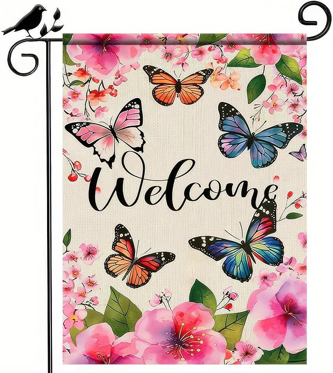 BlissYard Welcome Spring Garden Flag Butterfly Flower Decoration Yard Flag 12x18 Double Sided Seasonal Farmhouse Yard Outdoor Decoration Outside House Spring Small Yard Flag